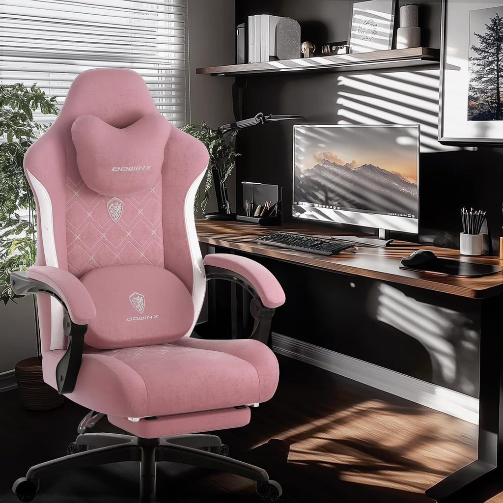 Dowinx Gaming Chair with Heated Massage Lumbar Support,Big and Tall Fabric Gaming Chairs for Adults with Footrest, Ergonomic Computer Game Chair with Poket Spring Cushions, 350lbs, Pink