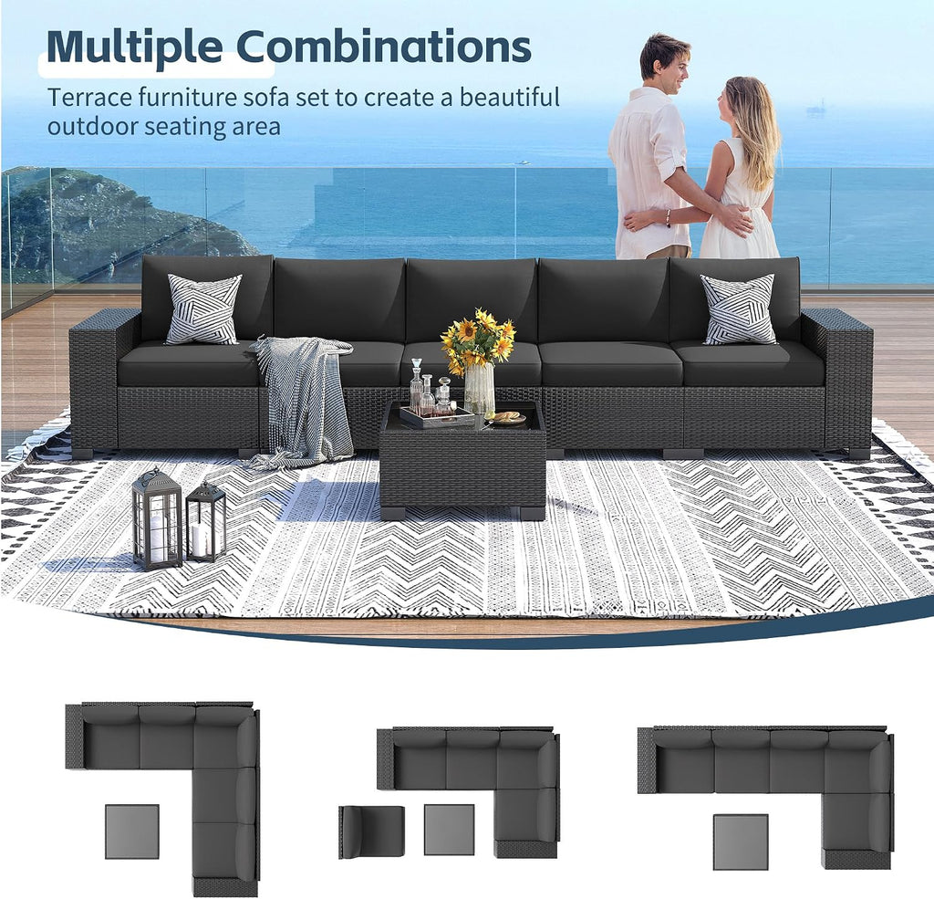UDPATIO 6 Piece Patio Furniture Set, Outdoor Wicker Sectional Sofa with 8'' Wide Armrests, Modular Patio Conversation Set with Coffee Table for Backyard, Deck, Garden