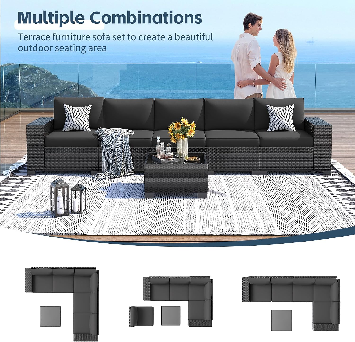 UDPATIO 6 Piece Patio Furniture Set, Outdoor Wicker Sectional Sofa with 8'' Wide Armrests, Modular Patio Conversation Set with Coffee Table for Backyard, Deck, Garden