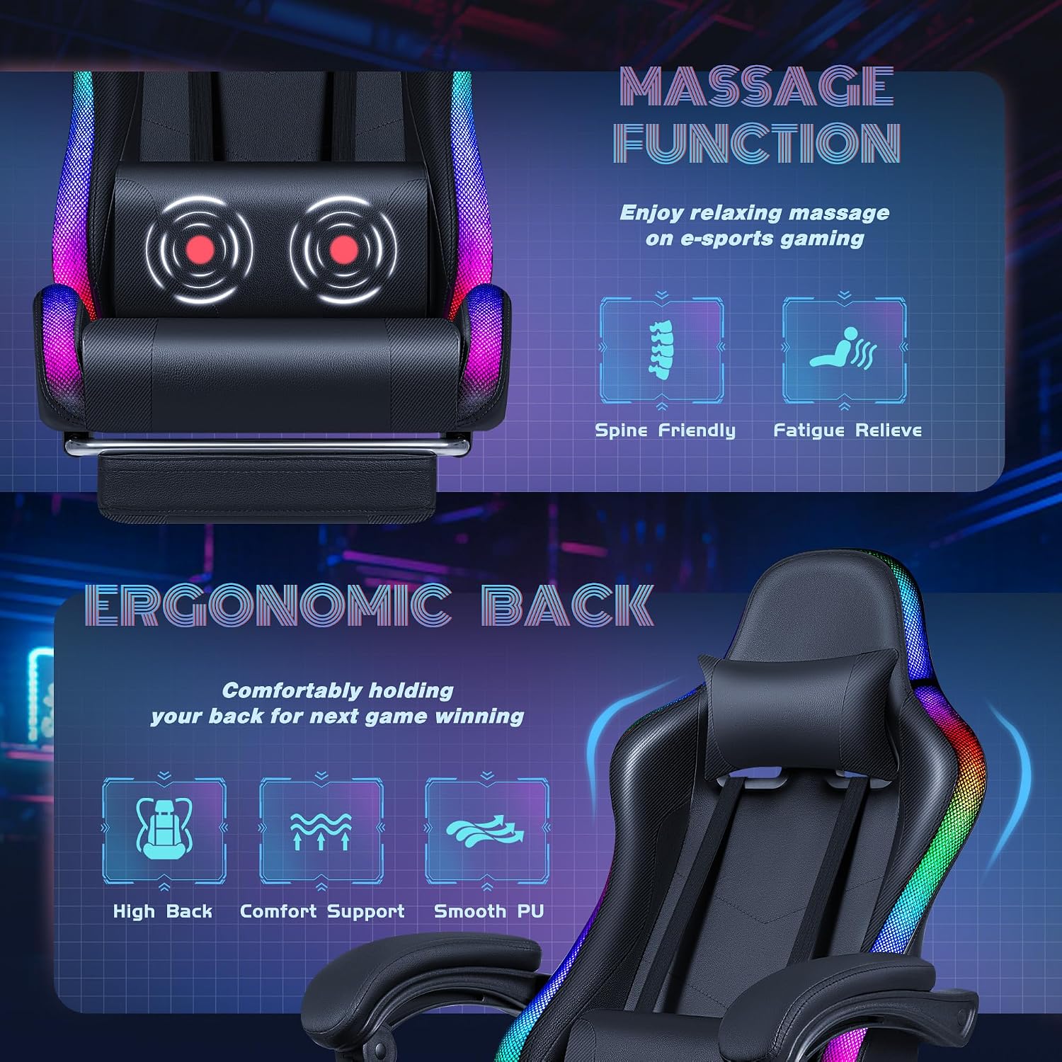 Furmax Gaming Chair with RGB LED Lights, Video Game Chair with Footrest and Massage Lumbar Support, High Back Reclining Computer Chair with Headrest, Swivel Seat Gamer Chair (LED Black)