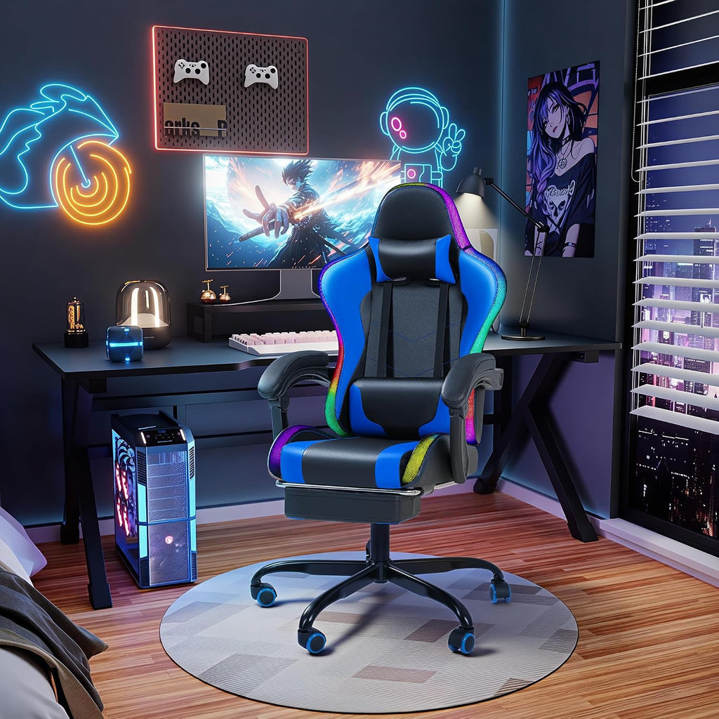 Gaming Chair with RGB, Computer Gaming Chairs with LED Lights and Footrest for Home, Office, Blue and Black