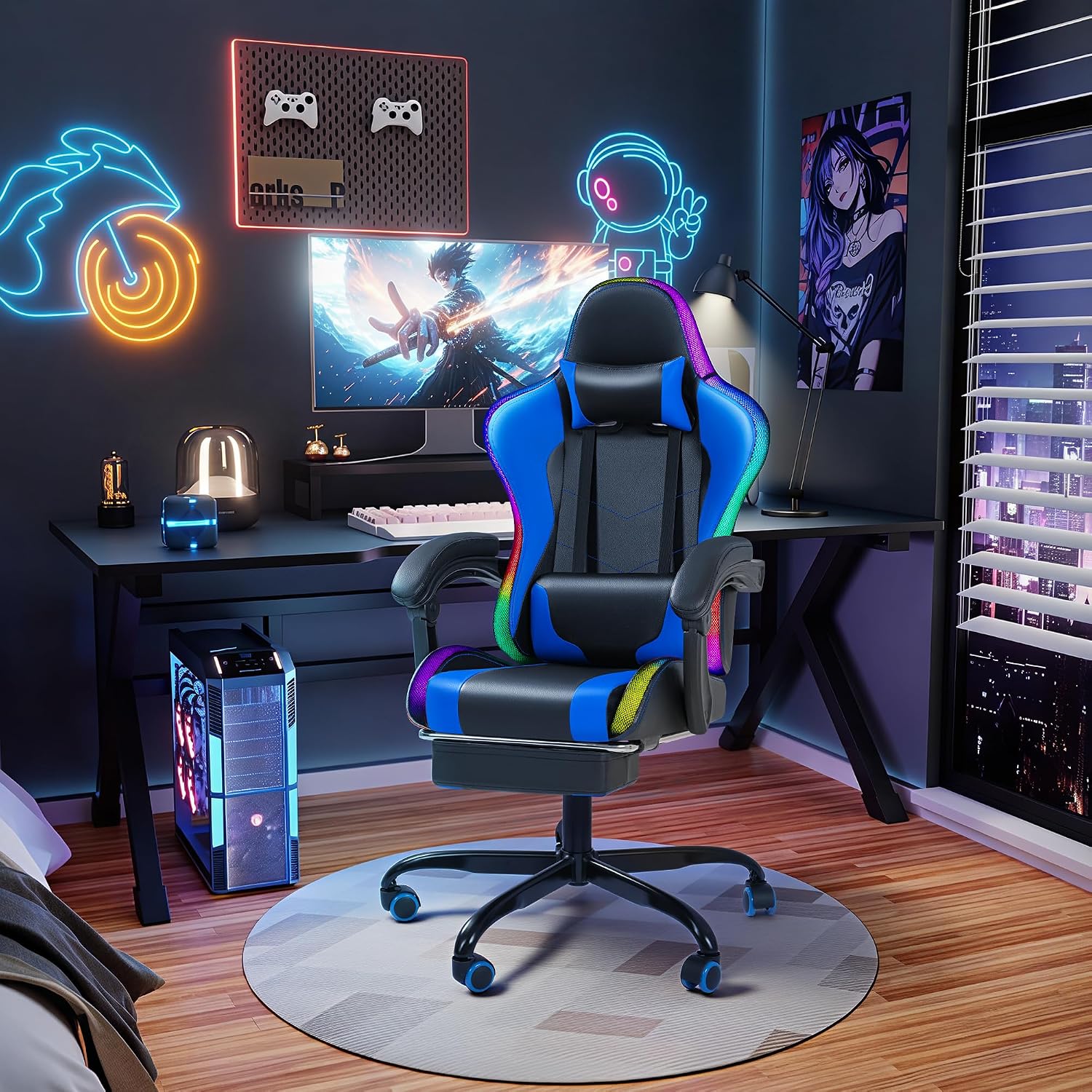 Gaming Chair with RGB, Computer Gaming Chairs with LED Lights and Footrest for Home, Office, Blue and Black