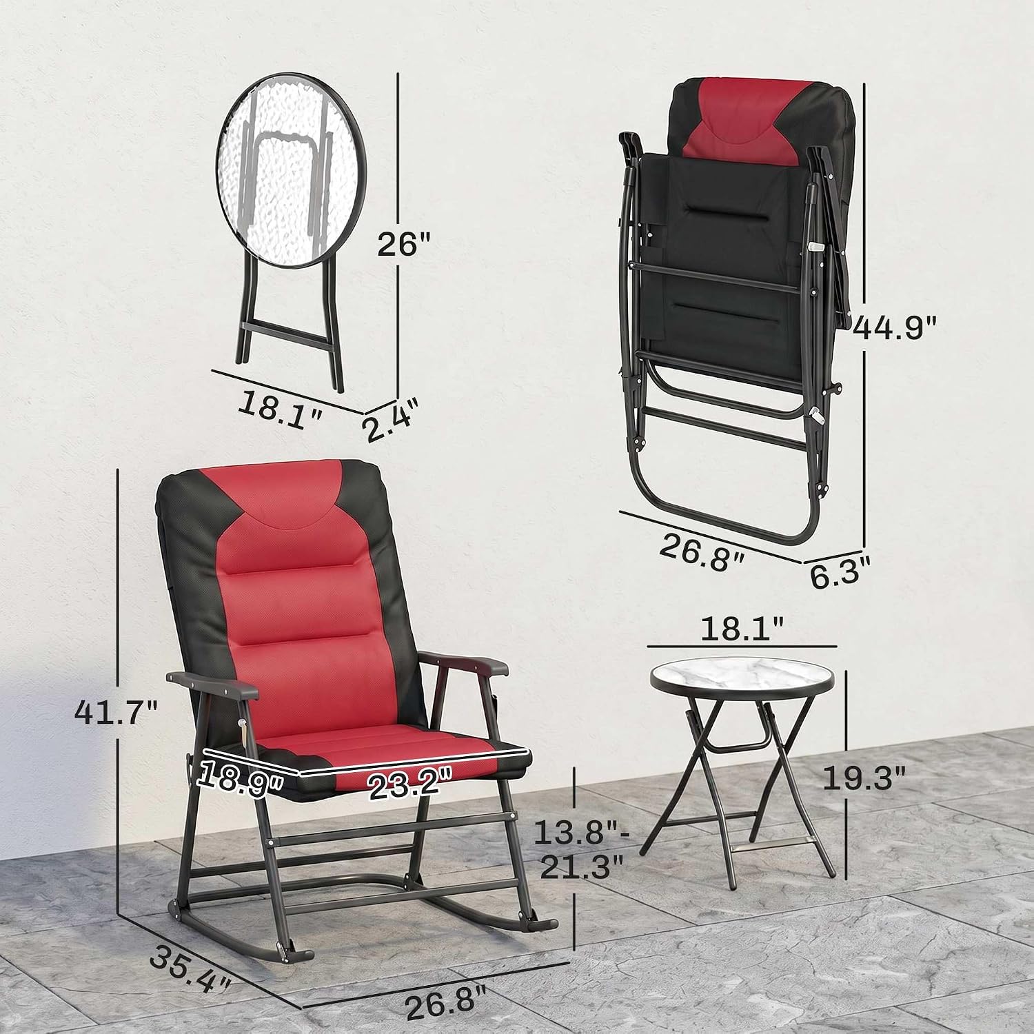 Outsunny 3 Piece Outdoor Patio Furniture Set with Glass Coffee Table & 2 Folding Padded Rocking Chairs, Bistro Style for Porch, Camping, Balcony, Red