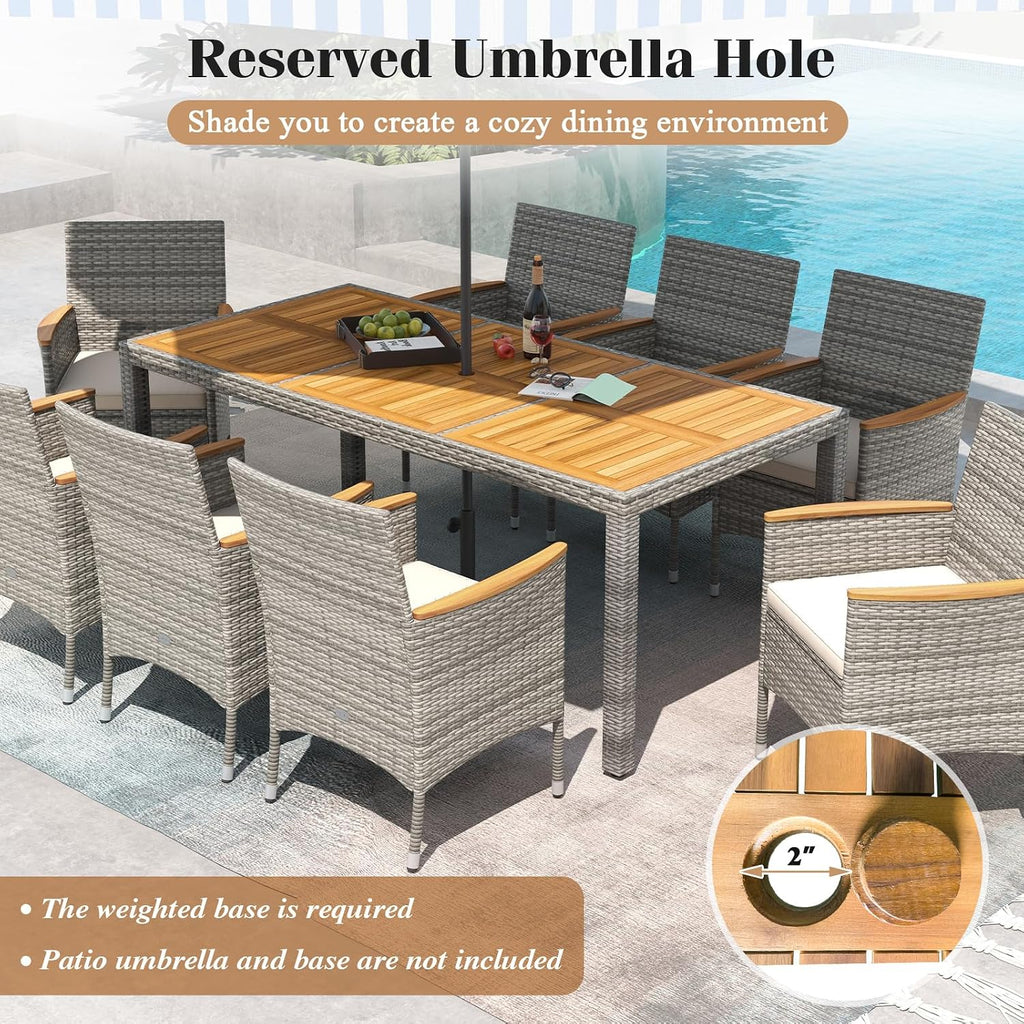 COSTWAY 9-Piece Patio Dining Set for 8, Outdoor Rattan Wicker Table and Chairs Furniture Set with Umbrella Hole, Acacia Wood Tabletop for Backyard, Balcony, Poolside, Grey & White