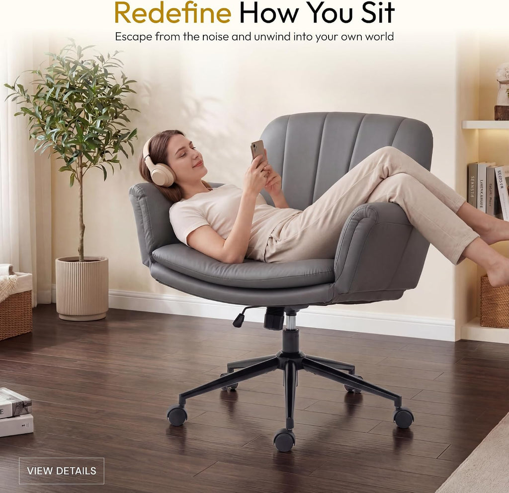 Dowinx Criss Cross Chair with Five-Level Adjustable Arms and Wheels - Comfortable Ergonomic PU Leather Swivel Vanity Chair - Computer Makeup Gaming Chair for Home Office, Bedroom, Vanity Room (Grey)