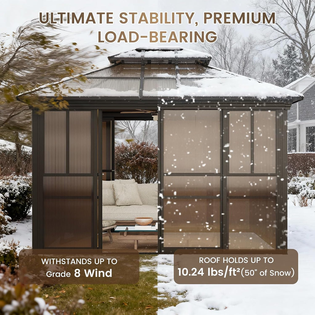 YOLENY 10x12 Sunroom Gazebo, Enclosed Outdoor Solarium with Tinted Polycarbonate Roof, 4 Lockable Sliding Doors & Aluminum Frame, Permanent Hardtop Patio Gazebo for Backyard