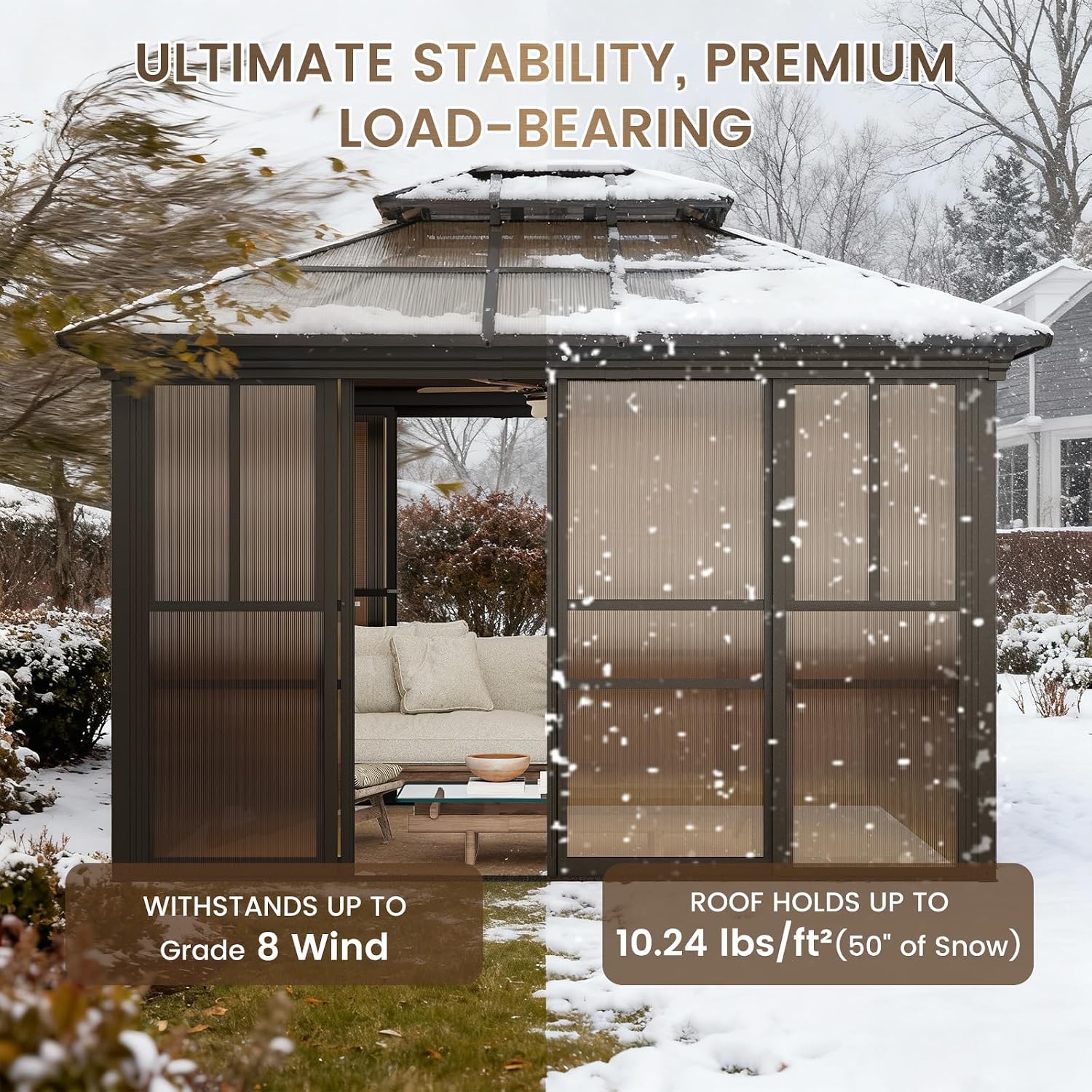 YOLENY 10x12 Sunroom Gazebo, Enclosed Outdoor Solarium with Tinted Polycarbonate Roof, 4 Lockable Sliding Doors & Aluminum Frame, Permanent Hardtop Patio Gazebo for Backyard