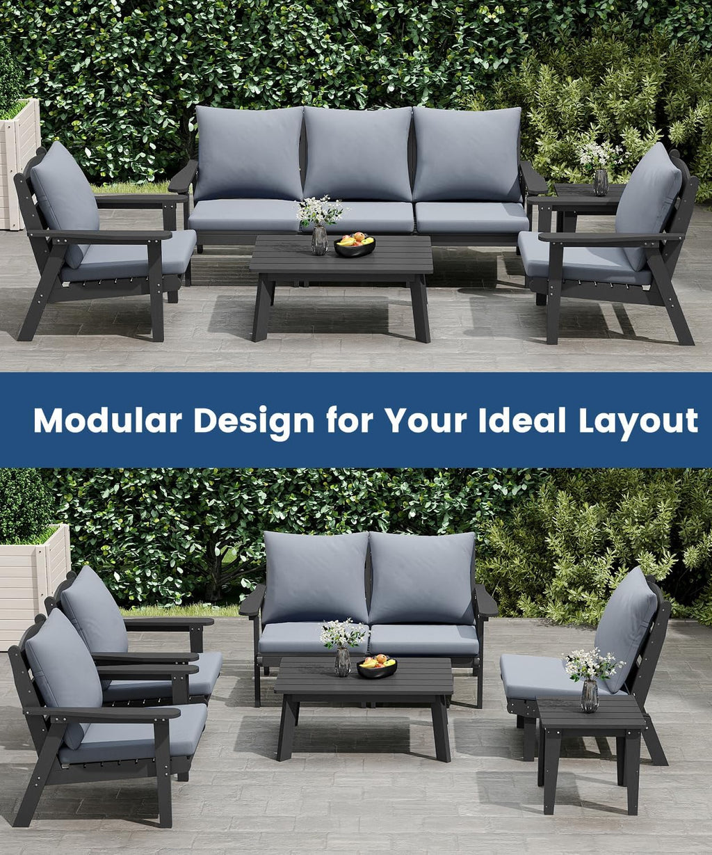 FOOWIN 7-Piece Patio Furniture Set, HDPE All-Weather Outdoor Conversation Set with Thick Cushions, Sectional Patio Sofa Furniture for Deck, Porch, Lawn, Garden, Grey Frame & Grey Cushion