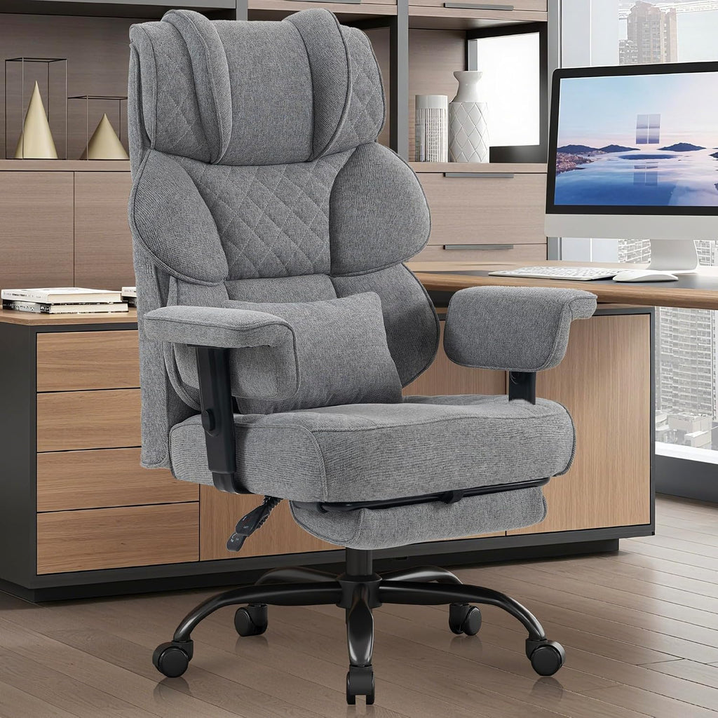 Vonesse Big and Tall Office Chair, Computer Chair with Soft Adjustable Armrests, Ergonomic Gaming Chair with Breathable Linen Design, Executive Chairs with Footrest (Linen Fabric, Gray)