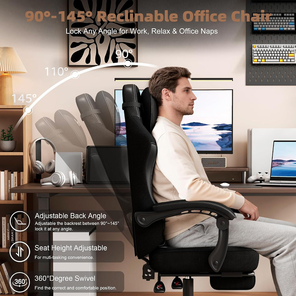 Vonesse Office Chair, Gaming Chair with Linen Breathable Mesh Fabric, Desk Chair with Adjustable Lumbar Support, Executive Computer Chairs with Footrest and Headrest (Black)