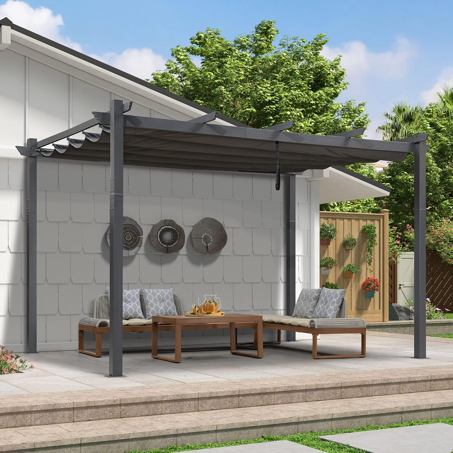 PURPLE LEAF 9.5' X 13' Outdoor Retractable Pergola Against The Wall with Shade Canopy Patio Aluminum Shelter for Porch Garden Pavilion Grill Gazebo Modern Backyard Metal Grape Trellis Pergola, Gray