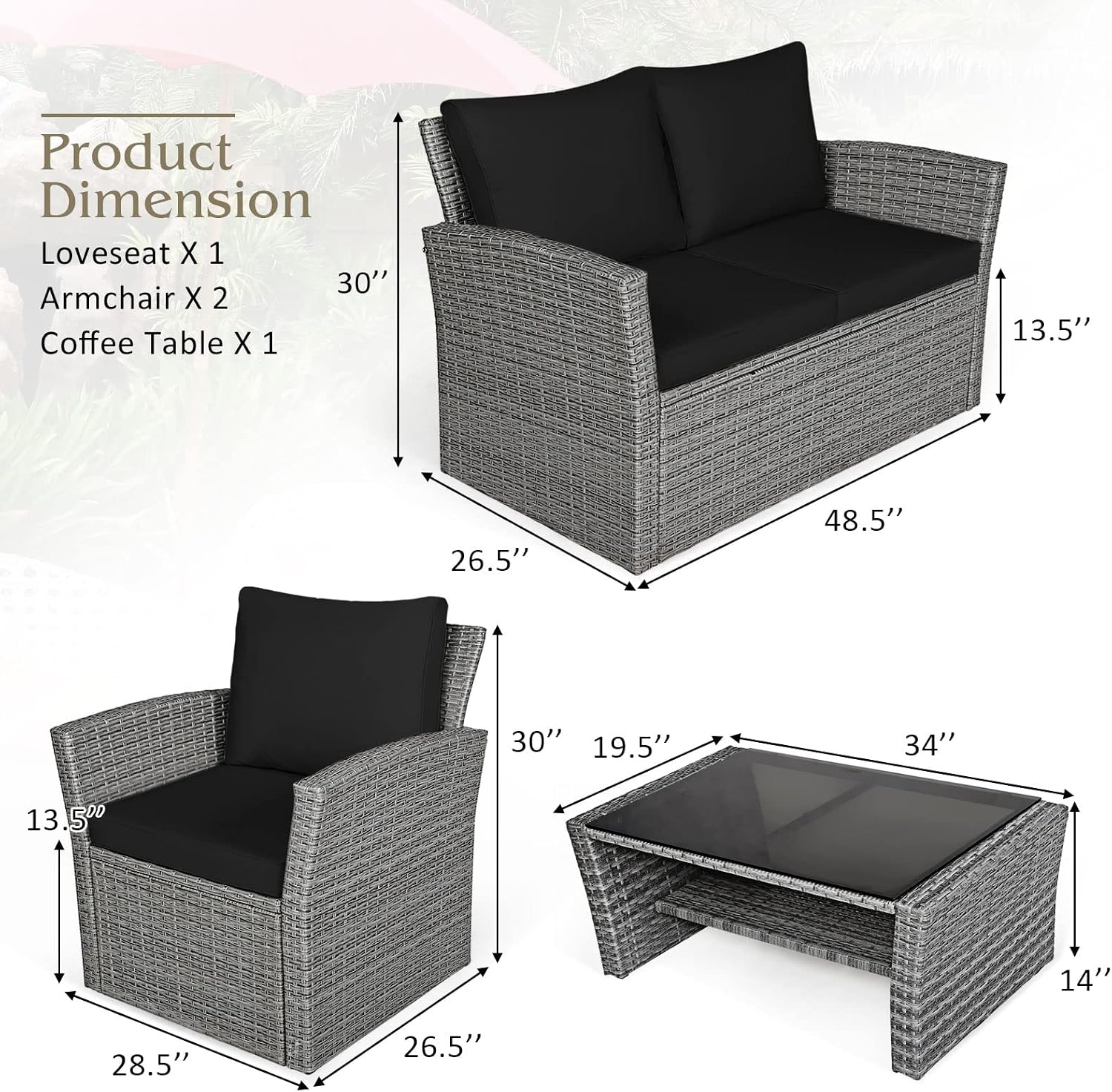 COSTWAY 4 Pieces Patio Rattan Furniture Set, Outdoor Wicker Sofa Set with Tempered Glass Coffee Table, Cushions, All Weather Rattan Conversation Set for Yard Balcony Backyard Pool (Black)