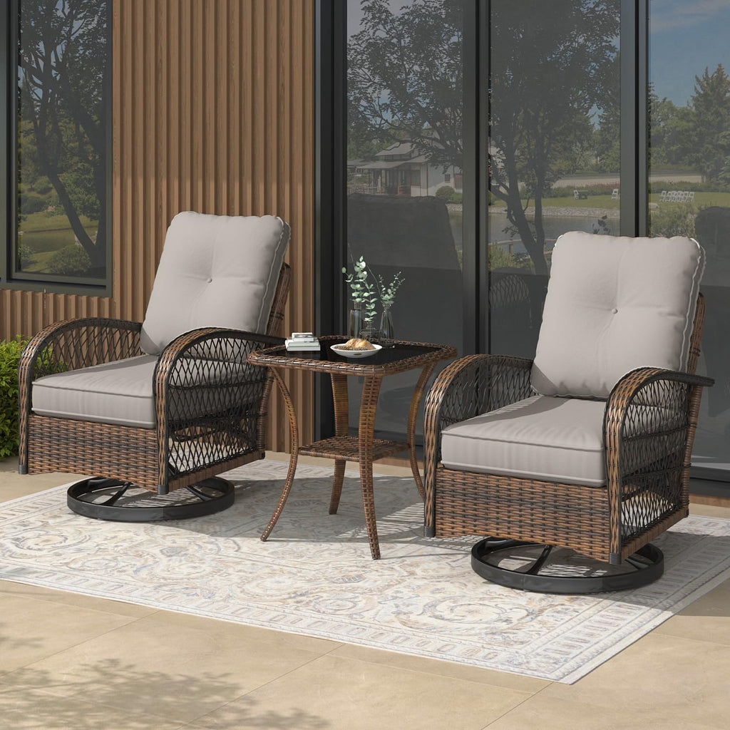 MELLCOM 3 Pieces Patio Furniture Set, Outdoor Swivel Rocker Patio Chairs, Wicker Patio Bistro Set with Rocking Chair, Thickened Cushions and Glass Coffee Table for Backyard, Garden, Grey