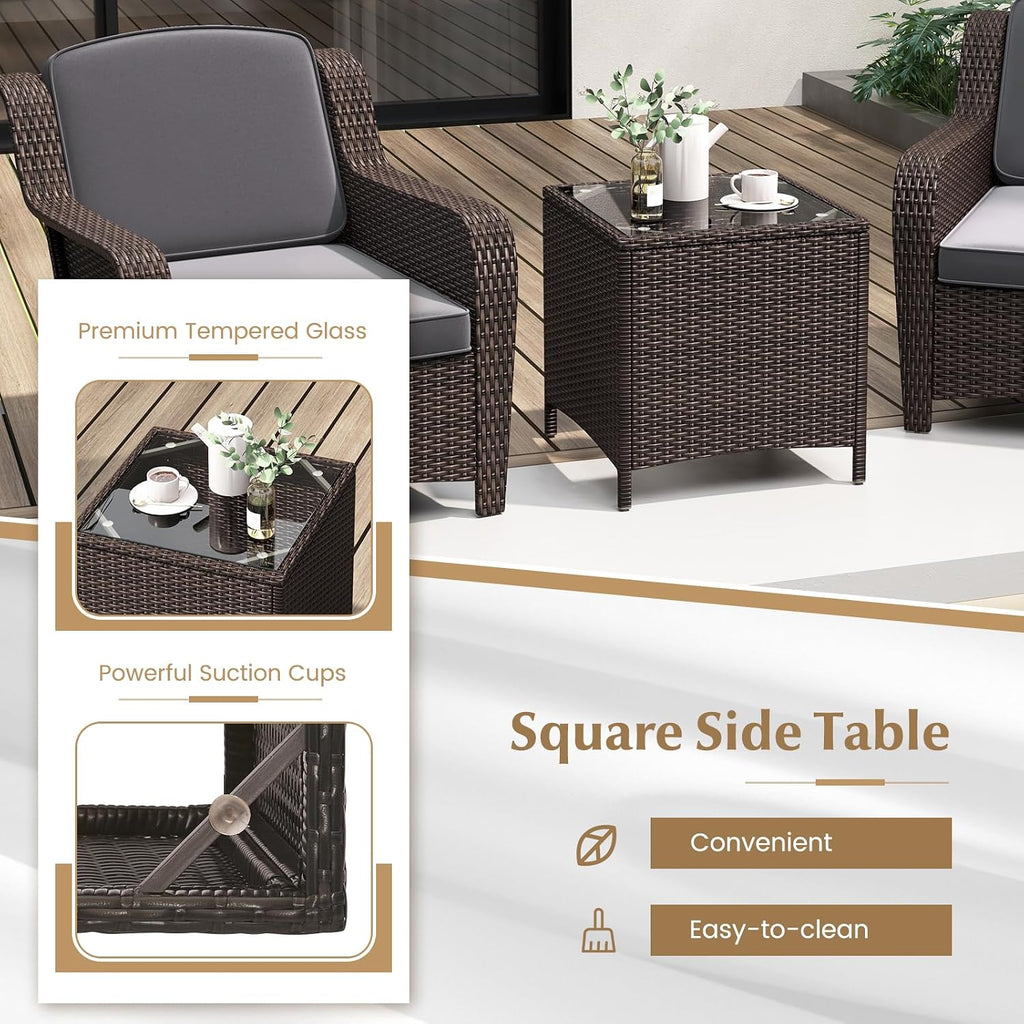 Tangkula 3 Pieces Outdoor Patio Furniture Set, Patiojoy PE Rattan Wicker Chairs with Cushions and Tempered Glass Coffee Table, Outdoor Wicker Conversation Bistro Set for Porch, Balcony, Garden (Gray)