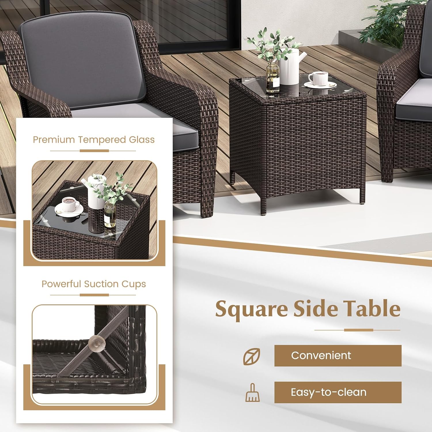 Tangkula 3 Pieces Outdoor Patio Furniture Set, Patiojoy PE Rattan Wicker Chairs with Cushions and Tempered Glass Coffee Table, Outdoor Wicker Conversation Bistro Set for Porch, Balcony, Garden (Gray)