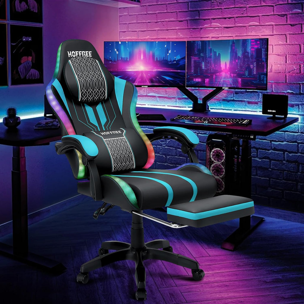 HOFFREE Led Gaming Chair with Speakers and Massage Video Game Chair Big and Tall for 400lbs with Footrest Reclining High Back Computer Desk Chair Blue and Black