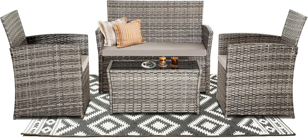4 Piece Patio Furniture Set, Outdoor Wicker Conversation Sets, Rattan Sectional Sofa Couch with Coffee Table & Seat Cushions for Outside Backyard Porch Garden Poolside Balcony, Gray/Gray