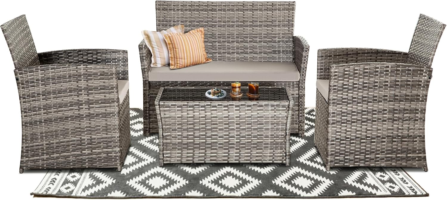 4 Piece Patio Furniture Set, Outdoor Wicker Conversation Sets, Rattan Sectional Sofa Couch with Coffee Table & Seat Cushions for Outside Backyard Porch Garden Poolside Balcony, Gray/Gray