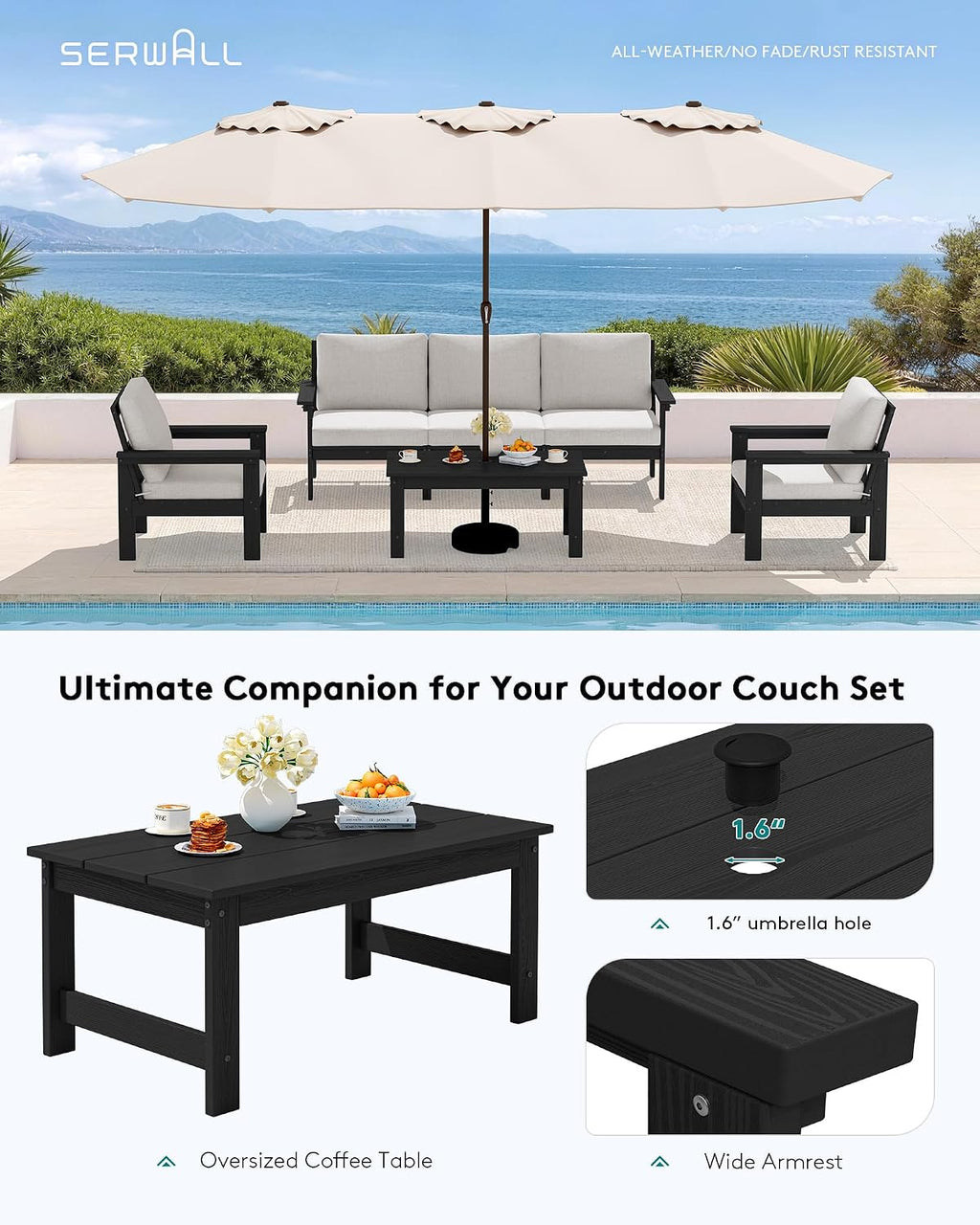 SERWALL HDPE Patio Conversation Set, 6-piece Sectional Outdoor Furniture Set, All Weather Outdoor Couch Set Patio Furniture Set for Deck, Lawn, Black Frame with Khaki Cushion