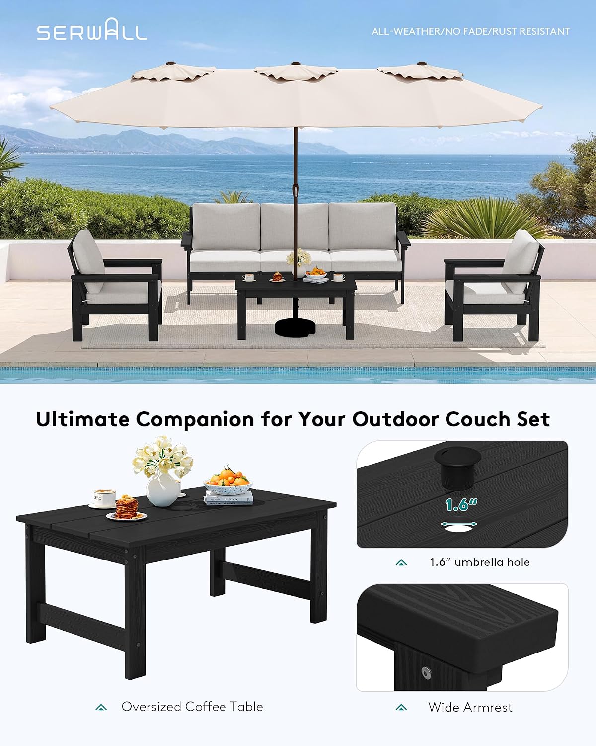 SERWALL HDPE Patio Conversation Set, 6-piece Sectional Outdoor Furniture Set, All Weather Outdoor Couch Set Patio Furniture Set for Deck, Lawn, Black Frame with Khaki Cushion