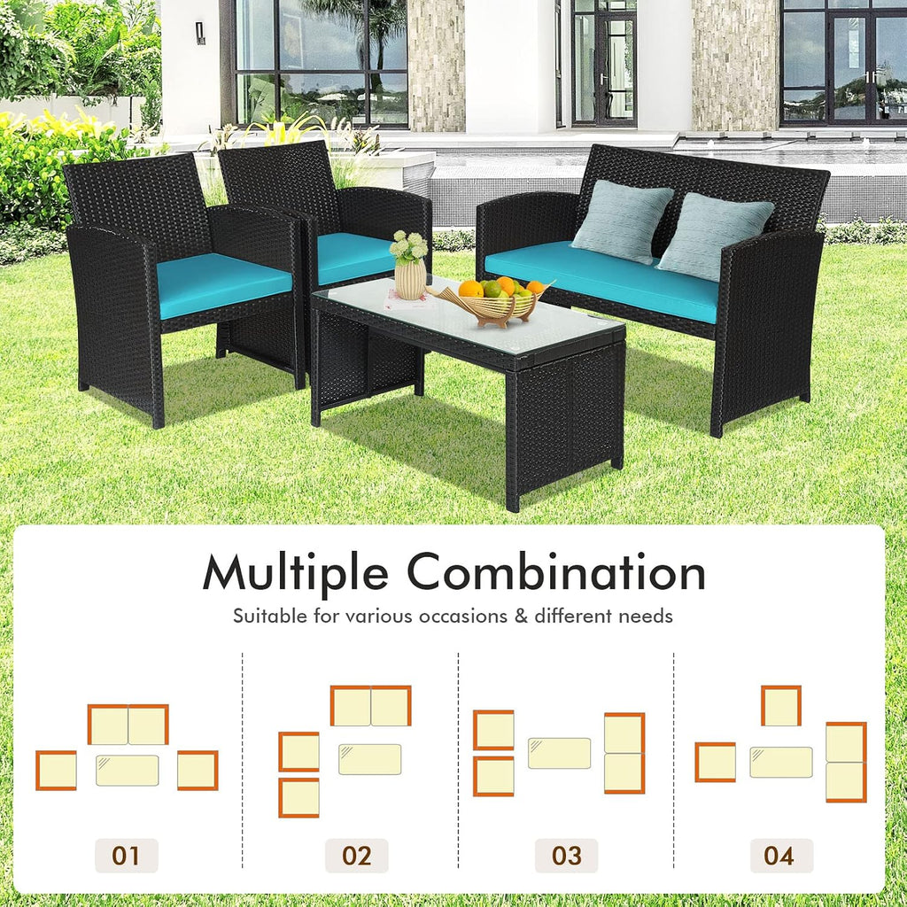 Goplus Rattan Patio Furniture Set 4 Pieces, Outdoor Wicker Conversation Sofa and Table Set with Soft Cushions & Tempered Glass Coffee Table for Balcony Garden Backyard (Turquoise)