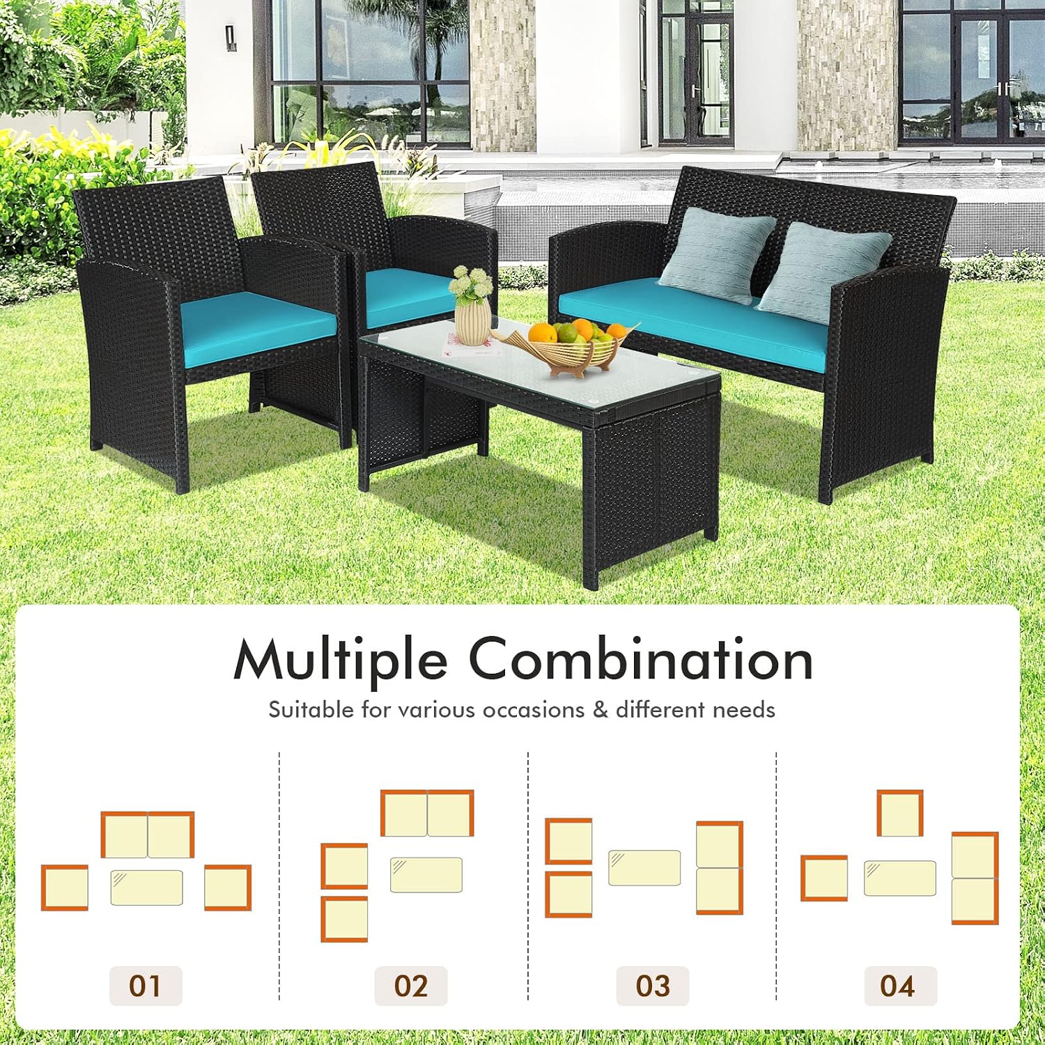 Goplus Rattan Patio Furniture Set 4 Pieces, Outdoor Wicker Conversation Sofa and Table Set with Soft Cushions & Tempered Glass Coffee Table for Balcony Garden Backyard (Turquoise)