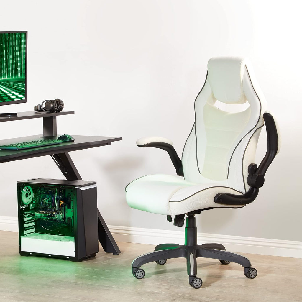 OSP Home Furnishings Xeno Ergonomic Adjustable Faux Leather Gaming Chair with Integrated Headrest and Airflow Cooling Material, White with Black Accents