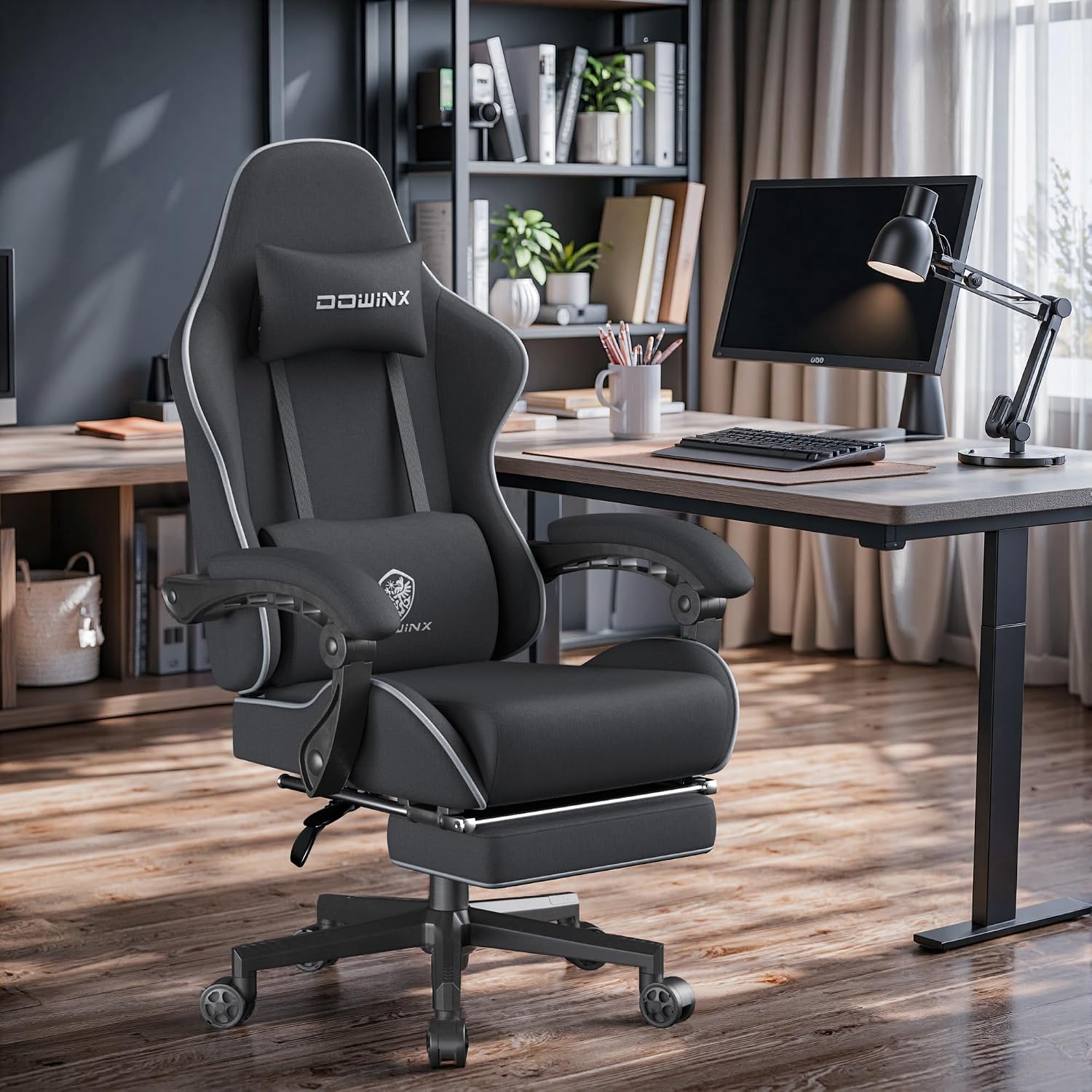 Dowinx Big and Tall Gaming Chair Fabric with Footrest Pocket Spring Cushion for Home Office, High Back Recliner Height Adjustable Ergonomic Comfy Cloth Computer Desk Chair, Black