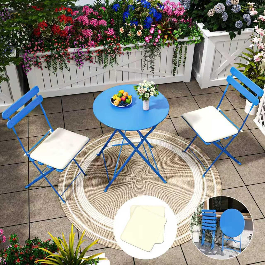 Patio Bistro Set Outdoor Furniture Set Folding Bistro Table and Chairs Conversation Set for Bistro Balcony Porch Yard Garden(Blue with Cushion)