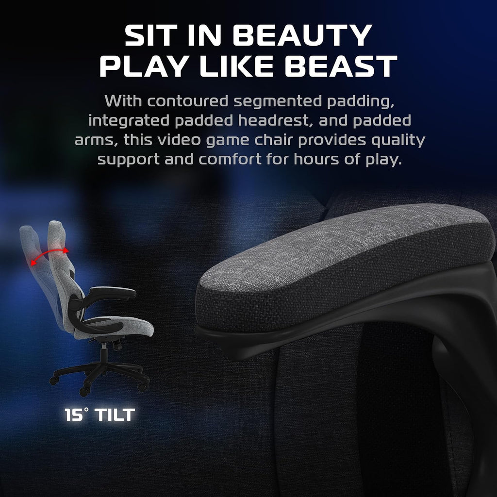 RESPAWN 3085 Ergonomic Gaming Chair for Adults, High Back Office Chair with Headrest and Flip Up Arms, Leather Racing Style Gaming Seat with Lumbar Support, Video Game Computer Desk Seat - Gray Fabric