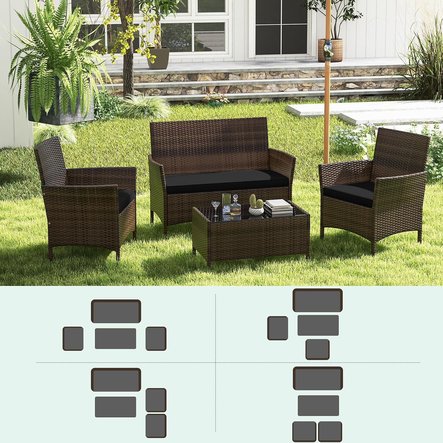 RELAX4LIFE 4-Piece Patio Furniture Set - Rattan Outdoor Conversation Bistro Set w/Cushions, Glass Coffee Table, Wicker Chairs & Loveseat for Garden Backyard Porch, Balcony Furniture Set (1, Black)