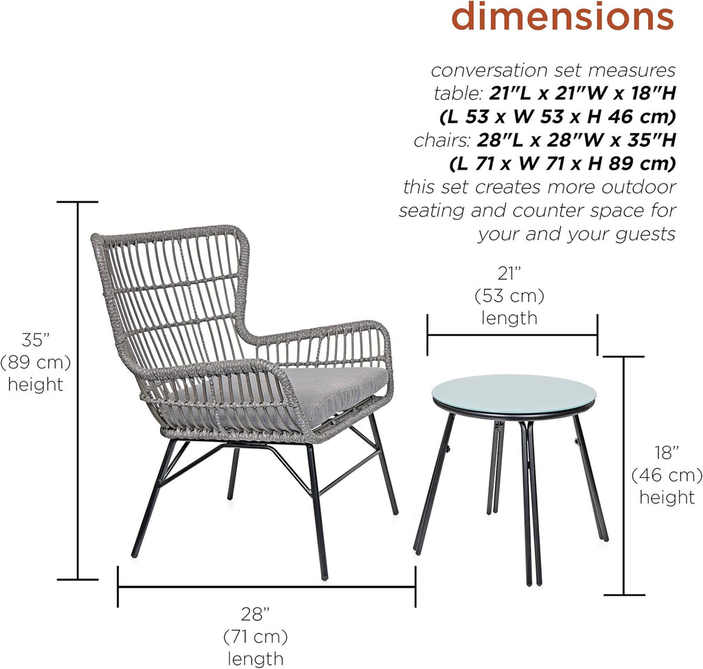 Alpine Corporation Patio Furniture 3 Pieces Outdoor Resin Wicker Conversation with Cushions Bistro Set for Patio & Deck, Gray