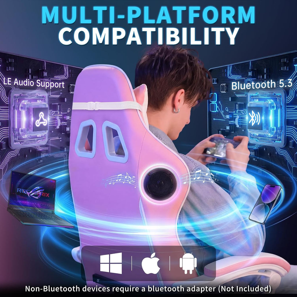 Gaming Chair Pink Massage with Bluetooth Speakers and RGB LED Lights Cute Ergonomic Computer Massage Gaming Chair with Footrest Music Video Game Chair High Back with Lumbar Support Pink and White