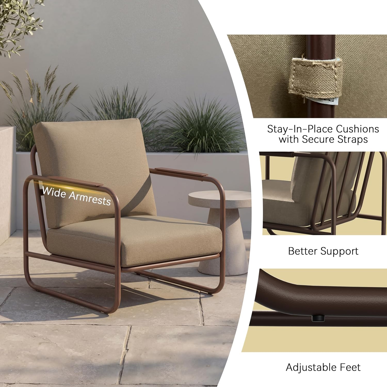 3 Piece Outdoor Chair Set with Side Table, 2 Patio Accent Chairs & Coffee Table, Sturdy Aluminum Frame, 6' Thick Cushions, 24' Wide Seat, All-Weather for Porch Deck Backyard, Brown