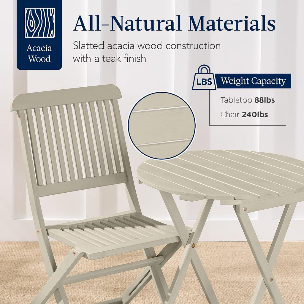 Best Choice Products 3-Piece Acacia Wood Bistro Set, Folding Patio Furniture for Backyard, Balcony, Deck w/ 2 Chairs, Round Coffee Table, Teak Finish - Cream