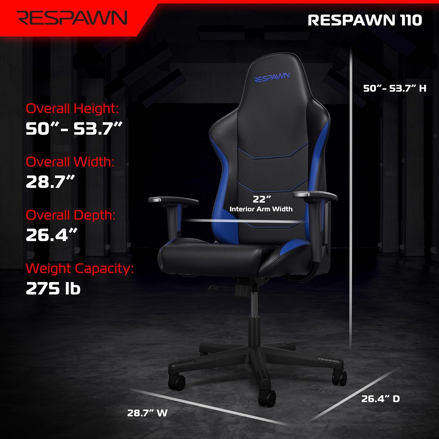 Respawn 110 Ergonomic Gaming Chair - Reclining Office Video Game Swivel Chair with Lumbar Support, Headrest, Heavy Duty, High Back, Racing Style Gaming Recliner Seat for Computer Gamer - Blue