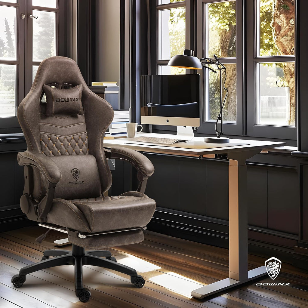 Dowinx Gaming Chair Big and Tall, Ergonomic PC Gaming Chair with Footrest & Massage, Racing Style Reclining Computer Chair for Adults, 400LBS Capacity - Heavy Duty Gamer Chair (Brown)