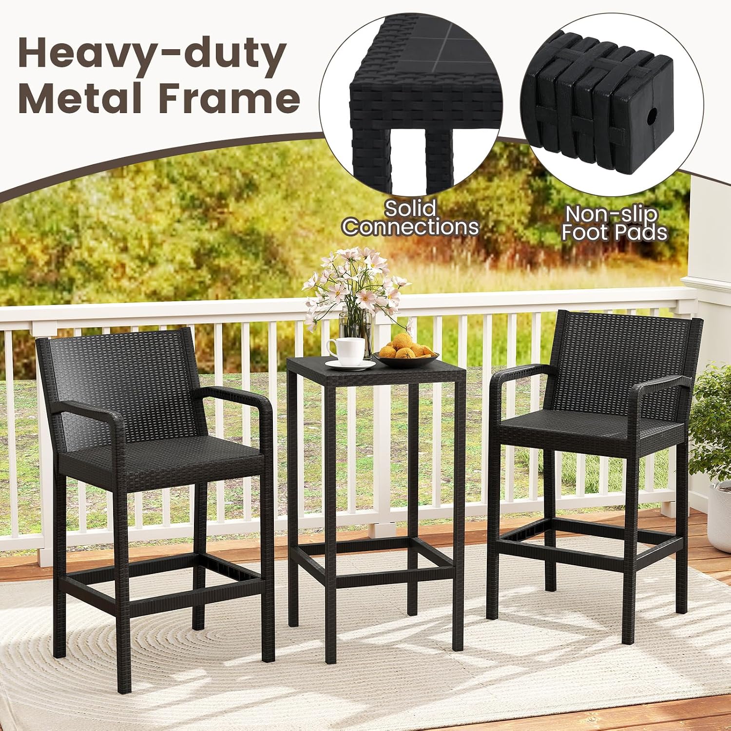 COSTWAY 3 Pieces Patio Bar Set, Modern Outdoor Bistro Set with 2 Chairs and 1 Square Bar Table, Curved Backrest and Armrests, Metal Frame, for Garden, Balcony, Poolside, Black