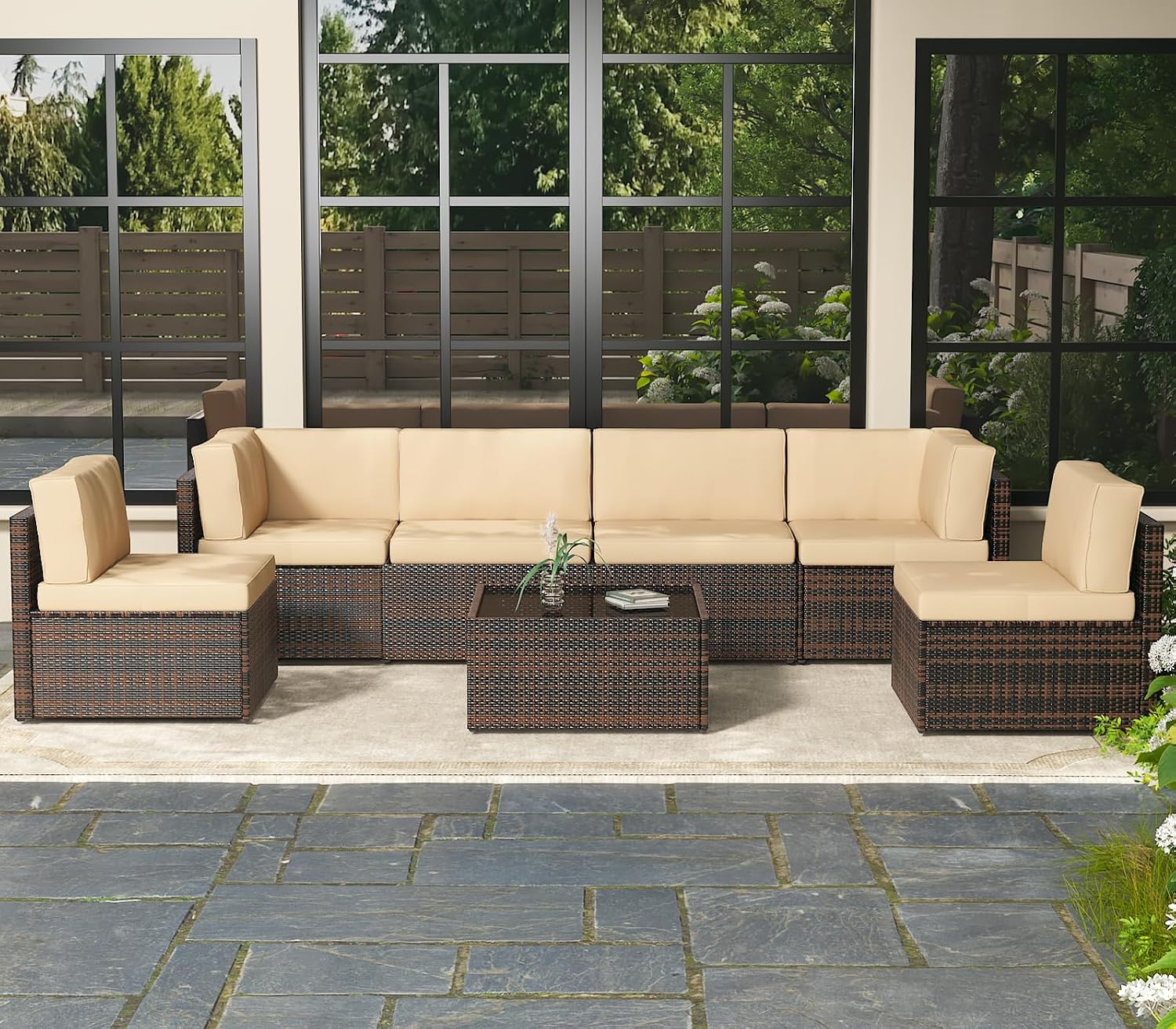 AECOJOY 7 Piece Outdoor Patio Furniture Set, Outdoor Sectional Conversation Furniture Chair with Coffee Table,Patio Sectional for Garden,Backyard(Khaki Cushions and Brown PE Rattan)