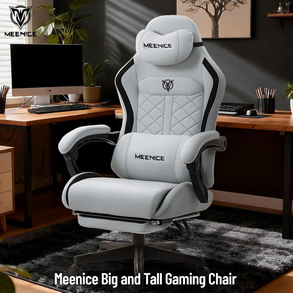 Big and Tall Gaming Chair Fabric with Pocket Spring Cushion, High Back Heavy Duty Gaming Chairs for Adults with Massage Lumbar Support, Ergonomic Computer Chair with Footrest for 400LBS Gray