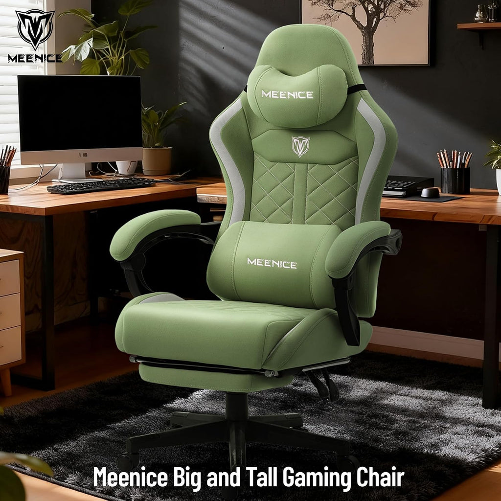 Big and Tall Gaming Chair Fabric with Pocket Spring Cushion, High Back Heavy Duty Gaming Chairs for Adults with Massage Lumbar, Ergonomic Computer Chair with Footrest 400LBS Fabric Green