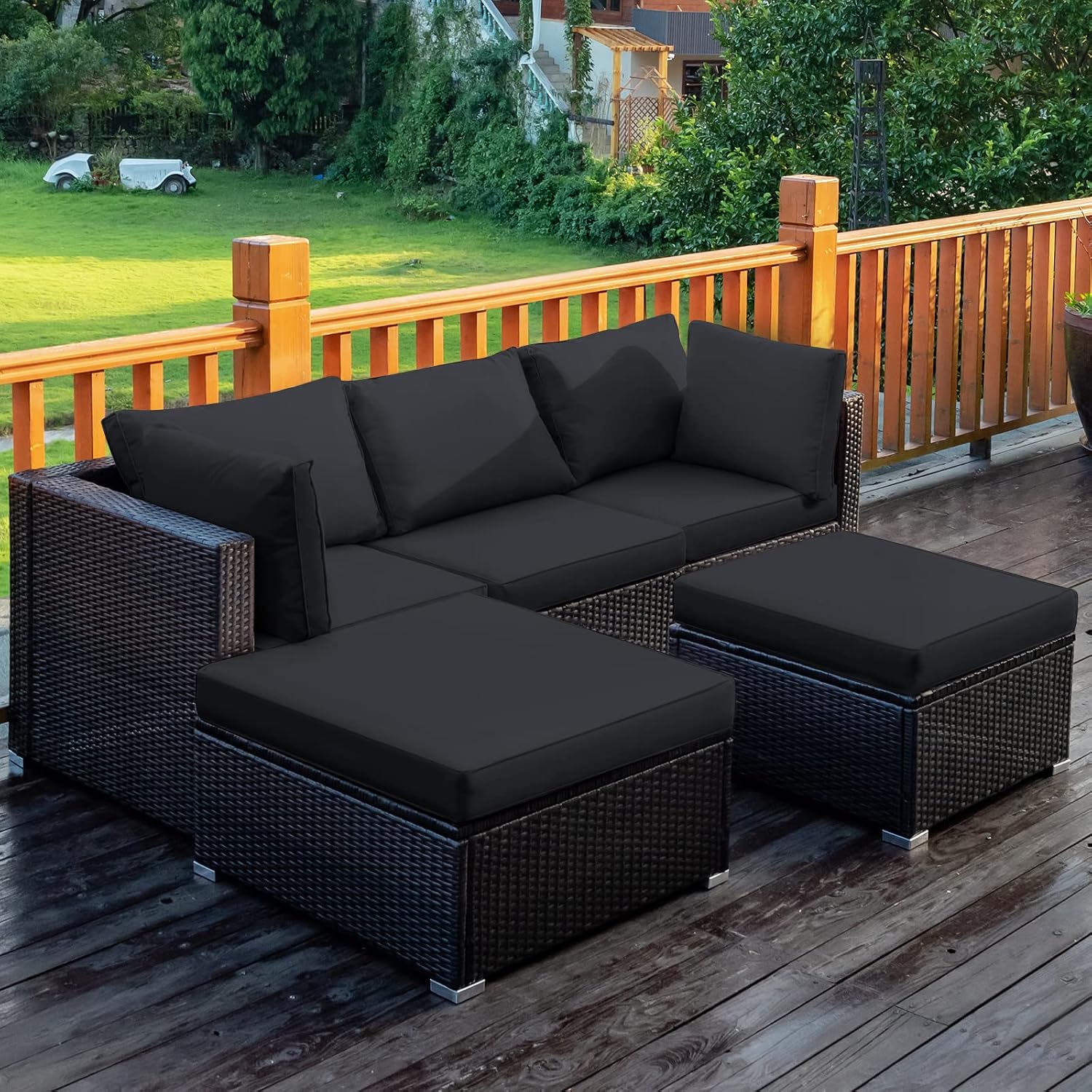 Tangkula 5 Piece Patio Furniture Set, Outdoor Sectional Rattan Sofa Set with Cushions and Coffee Table, Suitable for Backyard Porch Garden Poolside and Deck, Wicker Conversation Set (Black)