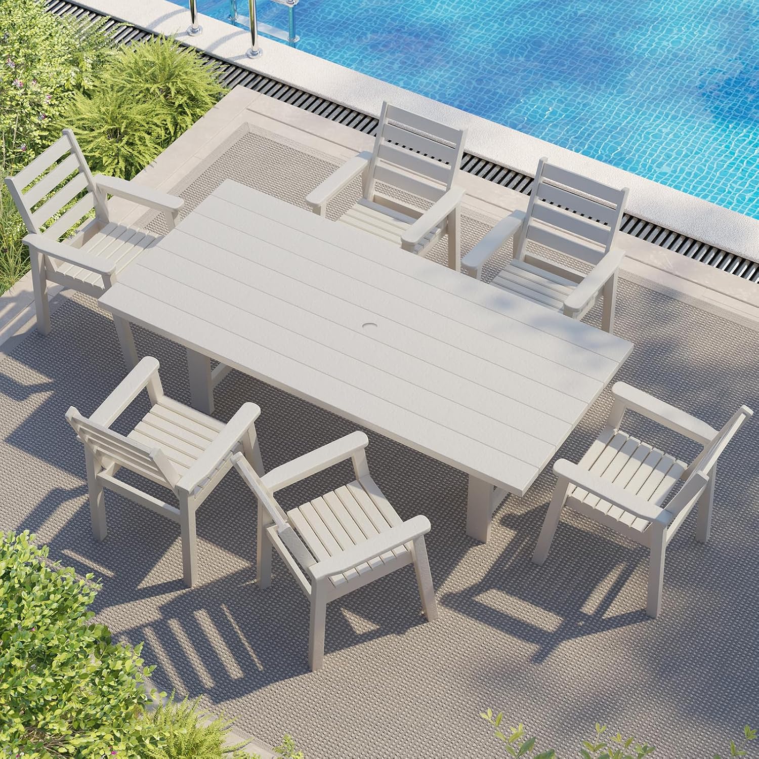 AMERLIFE 7-Piece HDPE Outdoor Dining Table Set with 6 Chairs, 71' L Patio Dining Furniture Set with Umbrella Hole, Modern Dinner Table & Chairs Set for Garden, Backyard, Poolside, White