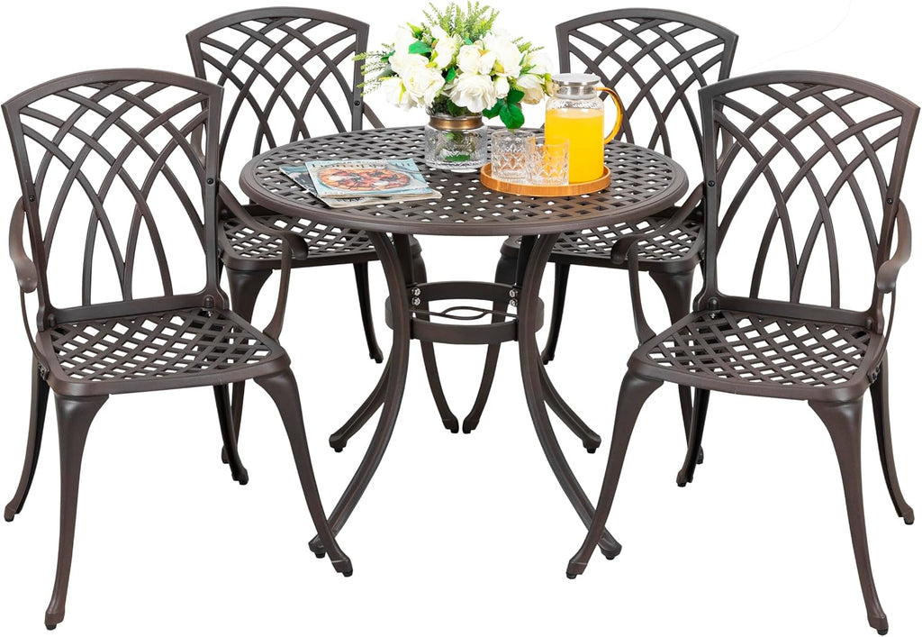NUU GARDEN 5 Piece Patio Dining Set, 33' Round Cast Aluminum Dining Table with 1.97' Umbrella Hole and 4 Patio Dining Chairs for Backyard, Patio, Garden, Balcony, Brown with Gold Point