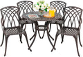NUU GARDEN 5 Piece Patio Dining Set, 33' Round Cast Aluminum Dining Table with 1.97' Umbrella Hole and 4 Patio Dining Chairs for Backyard, Patio, Garden, Balcony, Brown with Gold Point