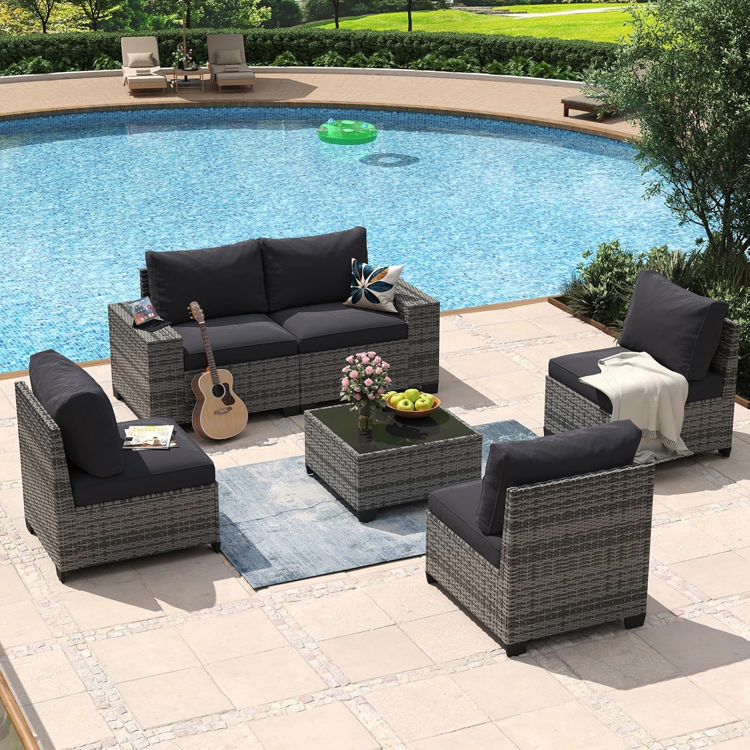 Aoxun 6 Piece Patio Furniture Set with Wide Armrests Wicker Rattan Outdoor Sectional Sofa Set with Coffee Table and Thickened Cushions, Grey/Black(Waterproof Cover Included)