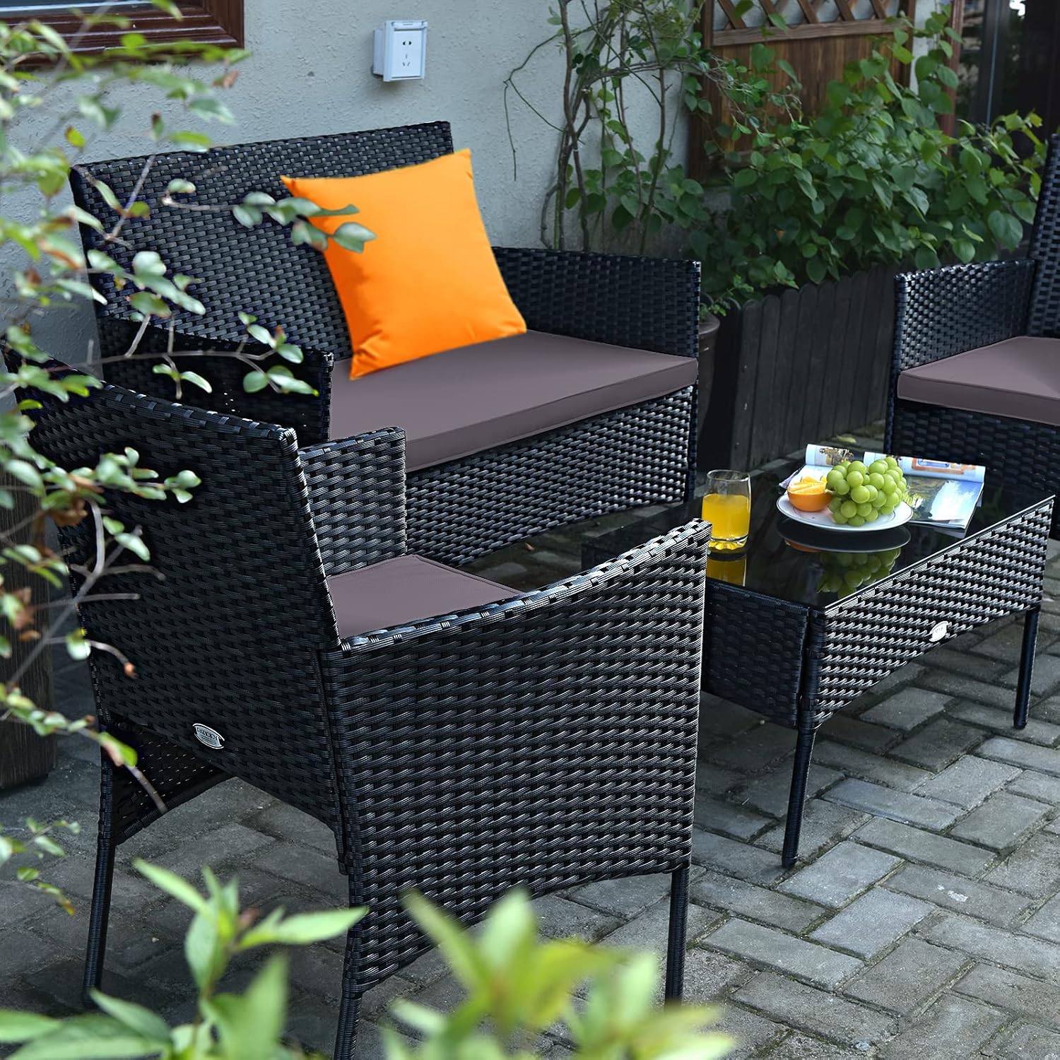 Tangkula 4 Pieces Patio Rattan Conversation Set, Outdoor Wicker Furniture Set with Tempered Glass Coffee Table &Thick Cushion, Rattan Chair Wicker Set for Garden, Lawn, Poolside and Backyard