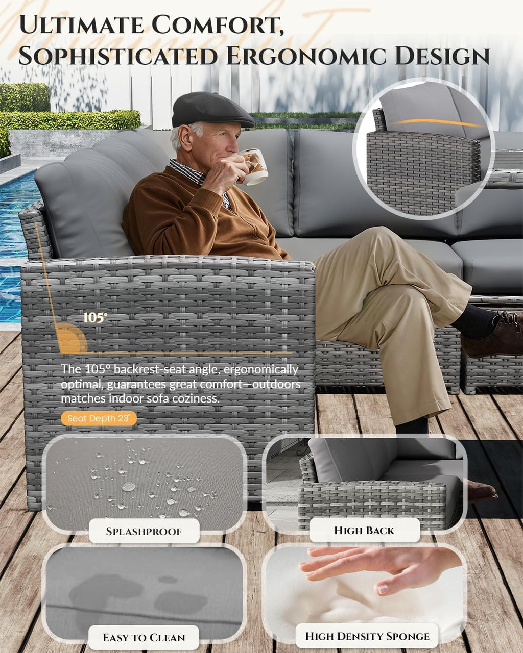 U-MAX 7 Pieces Patio Furniture Set, Outdoor Sectional Sofa Conversation Set, All Weather Wicker Rattan Dining Table & Chair with Ottoman, Grey Rattan&Grey Cushion