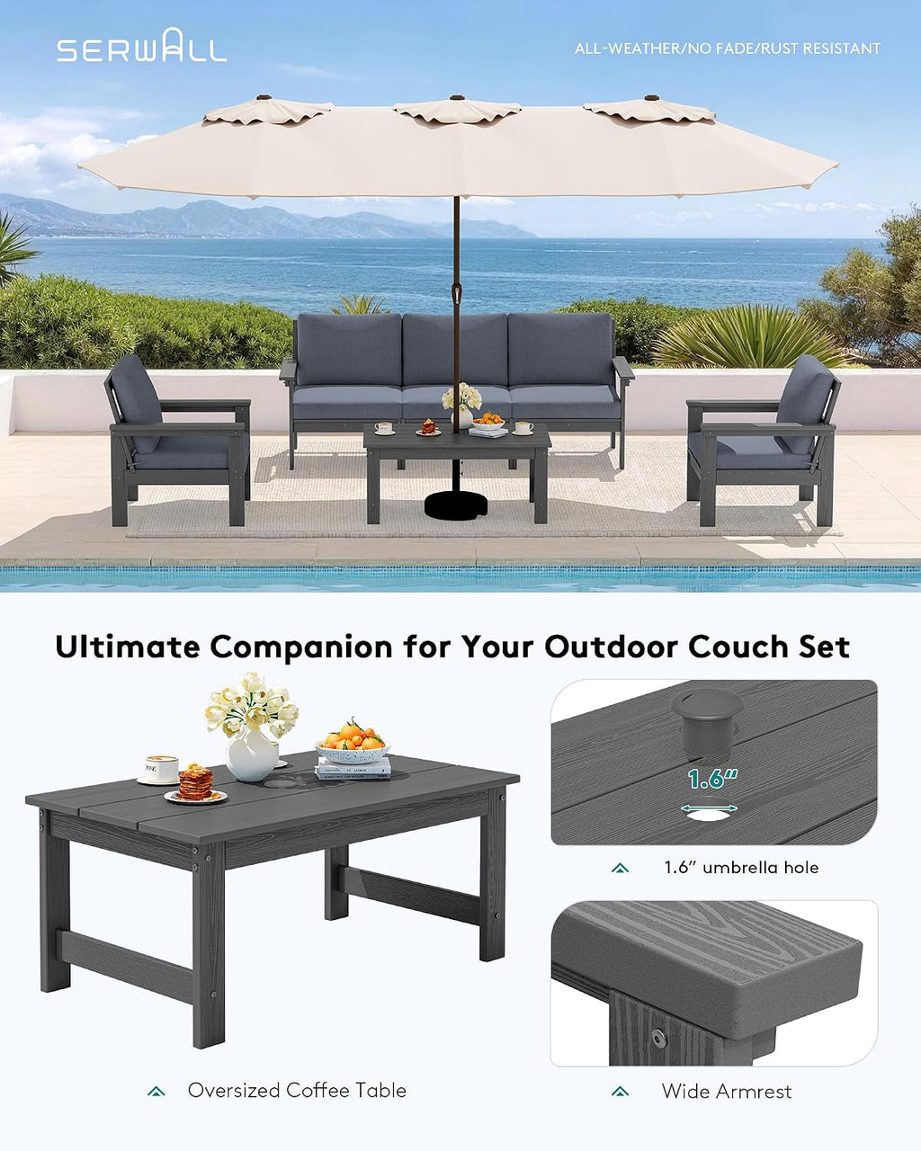 SERWALL HDPE Patio Conversation Set, 6-piece Sectional Outdoor Furniture Set, All Weather Outdoor Couch Set Patio Furniture Set for Deck, Lawn, Grey Frame with Grey Cushion
