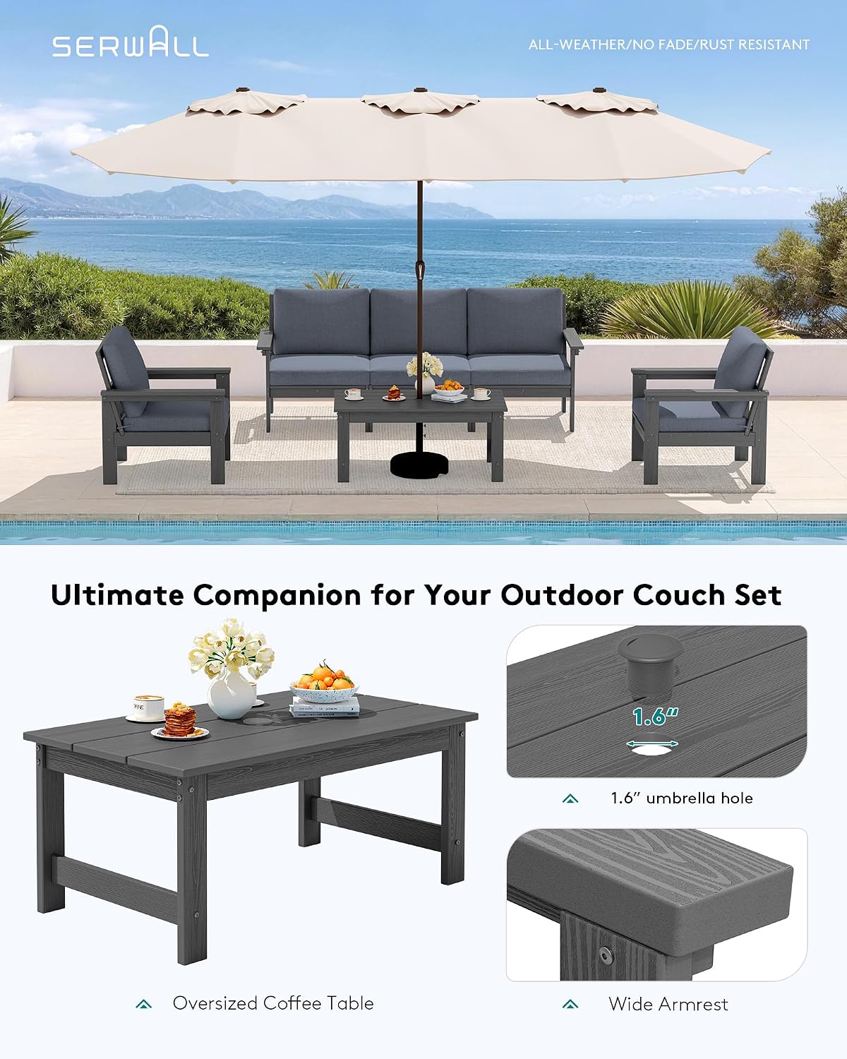SERWALL HDPE Patio Conversation Set, 6-piece Sectional Outdoor Furniture Set, All Weather Outdoor Couch Set Patio Furniture Set for Deck, Lawn, Grey Frame with Grey Cushion